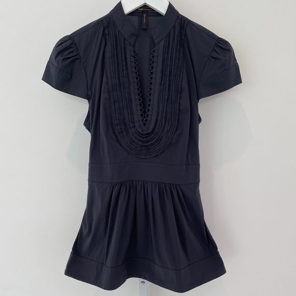 BCBG NAVY BLUE COTTON CAP SLEEVE BELTED COTTON TOP SMALL - Picture 3 of 16